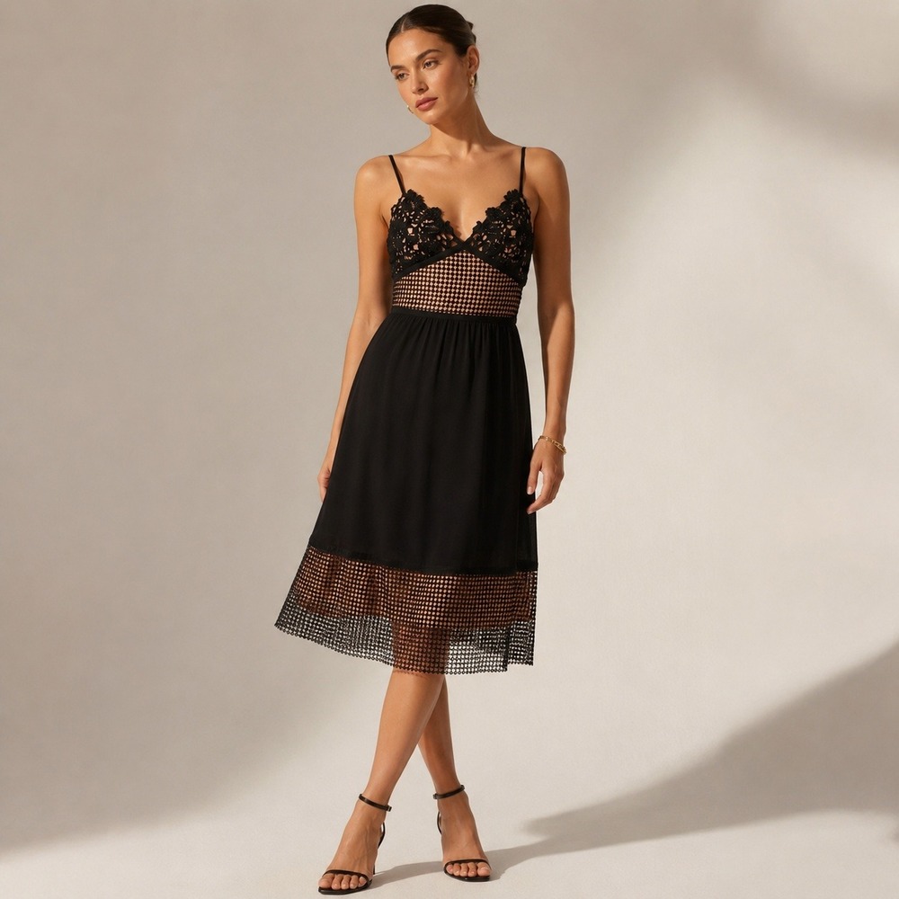 Theory Dress Melaena Elevate Crepe Black Lace Mesh‎ Midi Size 8